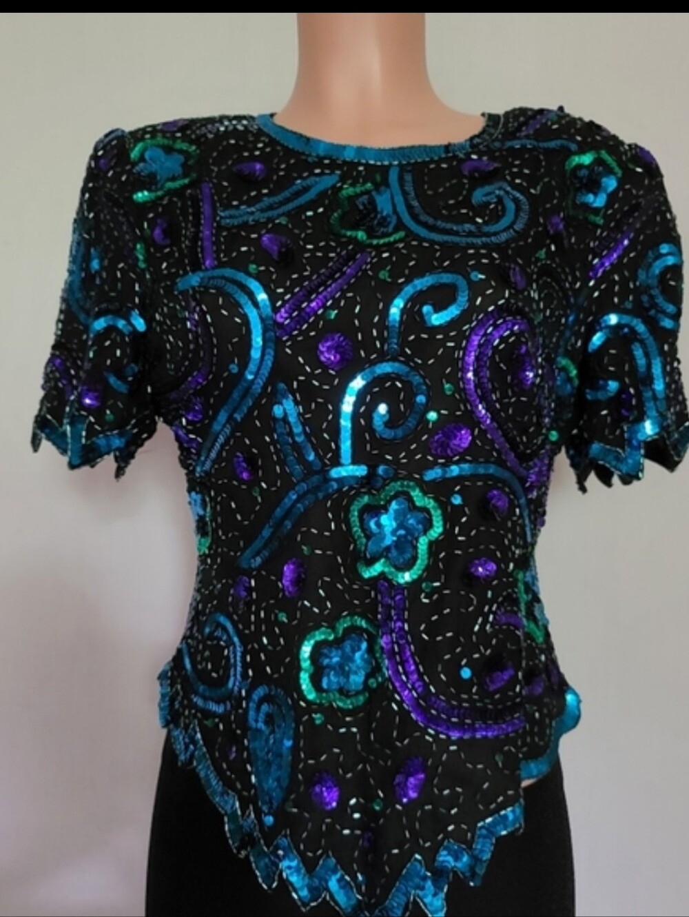 Laurence Kazar New York Silk Sequin Beaded Top Peacock Blue Open Back